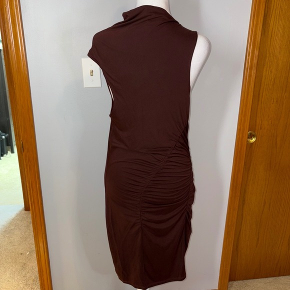 Anthropologie Ruched Mock Neck‎ Knit Dress Cocoa Plum Fitted Sleeveless Bodycon - Picture 6 of 11